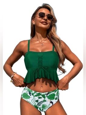 Women's High Waist Bikini Set Ruffle Crop Top with Tropical Leaf Print Bottom